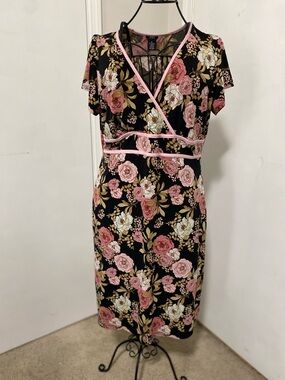 Sandra Womens XL Floral V Neck Empire Waist Faux Wrap Bodice Fit Flare Dress